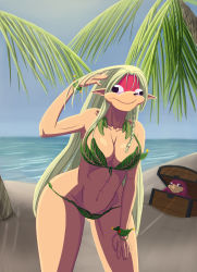 Rule 34 | 1girl, beach, blonde hair, breasts, long hair, ocean, outdoors, pectorals, plant, pointy ears, solo, the queen, tree, ugandan knuckles, water, what