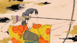 Rule 34 | 1girl, absurdres, archery, arrow (projectile), black eyes, black hair, bow (weapon), brown background, closed mouth, commentary request, drawing bow, egasumi, gloves, hair behind ear, hands up, highres, holding, holding bow (weapon), holding weapon, japanese clothes, kimono, kyuudou, long hair, looking ahead, looking to the side, mani mani (vocaloid), muneate, obi, orange kimono, original, outstretched arm, partially fingerless gloves, partly fingerless gloves, ponytail, print kimono, sash, solo, two-tone kimono, upper body, wakame (pixiv128625), weapon, wide sleeves, yellow kimono, yugake, yumi (bow)