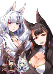 Rule 34 | 2girls, :d, akagi (azur lane), animal ears, azur lane, black hair, blue eyes, breasts, chibi, cleavage, commentary request, eyeliner, fangs, fox ears, fox mask, fox tail, hair tubes, japanese clothes, kaga (azur lane), kitsune, large breasts, long hair, makeup, mask, mask on head, multiple girls, multiple tails, open mouth, pleated skirt, red eyes, revision, short hair, simple background, skirt, smile, steed (steed enterprise), tail, thighhighs, white background, white hair, wide sleeves, zettai ryouiki