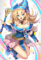 Rule 34 | 1girl, bare shoulders, blonde hair, blue footwear, blush, blush stickers, boots, breasts, choker, cleavage, collarbone, dark magician girl, dso, duel monster, green eyes, hair between eyes, hat, large breasts, long hair, looking at viewer, open mouth, pentacle, smile, solo, staff, twitter username, wand, wizard hat, yu-gi-oh!