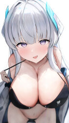 Rule 34 | 1girl, absurdres, archi (aruki), blue archive, breasts, cleavage, collarbone, cowboy shot, from above, grey hair, highres, jacket, large breasts, long hair, long sleeves, looking at viewer, navel, noa (blue archive), open mouth, purple eyes, simple background, solo, sweat, two-sided fabric, two-sided jacket, white background, white jacket