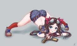 Rule 34 | 1girl, arm rest, ass, blue eyes, blue shorts, blush, breasts, brown footwear, brown gloves, brown hair, fate/grand order, fate (series), fingerless gloves, flexible, forehead, gloves, goggles, gun, hair ribbon, hands on ground, jack-o&#039; challenge, king sou s, kneehighs, legs, leonardo da vinci (fate), leonardo da vinci (fate/grand order), leonardo da vinci (rider) (fate), leonardo da vinci (swimsuit ruler) (fate), long hair, looking at viewer, meme, parted bangs, pout, puffy cheeks, puffy short sleeves, puffy sleeves, red ribbon, red socks, ribbon, short shorts, short sleeves, shorts, shrug (clothing), sidelocks, small breasts, socks, solo, spread legs, stretching, top-down bottom-up, twintails, weapon, wide spread legs