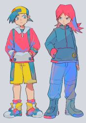 Rule 34 | 2boys, amaya uw, backwards hat, black hair, boots, closed mouth, commentary request, creatures (company), ethan (pokemon), frown, game freak, grey background, hand in pocket, hands in pockets, hat, highres, jacket, knees, long hair, long sleeves, male focus, multiple boys, nintendo, pants, pants tucked in, pokemon, pokemon gsc, short hair, shorts, silver (pokemon), standing, yellow shorts
