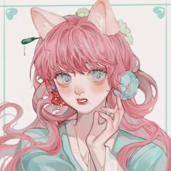 Rule 34 | 1girl, absurdres, animal ears, beiqingluoshicaicai, blue eyes, cat ears, cat girl, earrings, flower, flower earrings, hair flower, hair ornament, highres, jewelry, long hair, mole, mole under mouth, original, parted lips, pink hair, red lips, solo, twintails