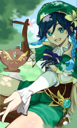 Rule 34 | 1boy, absurdres, androgynous, bard, beret, black hair, blue hair, braid, brown corset, cape, cecilia flower (genshin impact), collared cape, corset, flower, genshin impact, gradient hair, green cape, green eyes, green hat, green shorts, hat, hat flower, highres, long sleeves, looking at viewer, lyre, male focus, multicolored hair, open mouth, osashimi 0343x, shirt, short hair with long locks, shorts, side braids, smile, trap, twin braids, venti (genshin impact), vision (genshin impact), white flower, white shirt