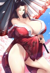 Rule 34 | 1girl, breasts, fatal fury, haganef, huge breasts, japanese clothes, kimono, long hair, one eye closed, ponytail, shiranui mai, smile, wink
