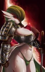 Rule 34 | 1girl, absurdres, arm at side, armor, artist name, bikini armor, blood, blood on face, bloody weapon, bob cut, boobplate, breastplate, breasts, brown gloves, cleavage, clenched hand, closed mouth, colored skin, cowboy shot, creatures (company), cuts, elbow gloves, faejunkie, female focus, from side, game freak, gardevoir, gen 3 pokemon, gloves, green hair, green panties, groin, hair over one eye, half-closed eyes, highleg, highleg panties, highres, holding, holding sword, holding weapon, huge breasts, injury, looking at viewer, narrow waist, navel, nintendo, nosebleed, one eye covered, panties, pauldrons, pokemon, pokemon (creature), red background, red eyes, scratches, short hair, shoulder armor, signature, solo, standing, stomach, string panties, sweat, sword, thick thighs, thighs, underwear, vambraces, weapon, white skin, wide hips