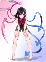 Rule 34 | 1girl, adapted costume, asymmetrical wings, bare legs, bare shoulders, bent over, black hair, black shirt, black shorts, blue wings, blurry, blush, bow, bowtie, breasts, closed mouth, depth of field, dress, gradient background, hands on own legs, high heels, houjuu nue, leaning forward, legs, legs apart, looking at viewer, medium breasts, mokoiscat, pigeon-toed, pointy ears, red bow, red bowtie, red eyes, red footwear, scythe, shadow, shirt, shoes, shorts, simple background, sleeveless, sleeveless shirt, smile, solo, swept bangs, touhou, white background, wings
