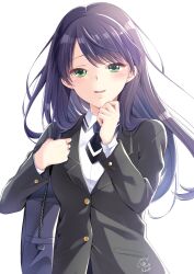 Rule 34 | bag, black hair, black jacket, blazer, buttoned cuffs, buttons, collared shirt, commentary request, dress shirt, green eyes, hands up, highres, ice cream kanojo, jacket, kawai miruku, kuune rin, long hair, long sleeves, looking at viewer, school bag, school uniform, shirt, signature, simple background, smile, solo, teeth, upper body, upper teeth only, very long hair, white background, white shirt
