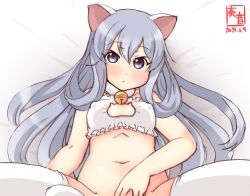 Rule 34 | 1girl, alternate costume, animal ears, artist logo, blue eyes, blue hair, bottomless, bra, cat cutout, cat ears, cat lingerie, cat tail, cleavage cutout, clothing cutout, commentary request, dated, frilled bra, frills, hair between eyes, i-203 (kancolle), kanon (kurogane knights), kantai collection, light blue hair, long hair, looking at viewer, lying, meme attire, neck bell, no panties, one-hour drawing challenge, out-of-frame censoring, solo, spread legs, tail, thighhighs, underwear, white bra, white thighhighs
