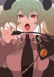 Rule 34 | 1girl, anchovy (girls und panzer), anzio school uniform, belt, big hair, black belt, black cape, black necktie, black ribbon, breasts, brown eyes, cape, drill hair, girls und panzer, green hair, hair ribbon, ikeda sakura, large breasts, lips, long hair, long sleeves, looking at viewer, medium breasts, necktie, open mouth, pantyhose, pleated skirt, red eyes, ribbon, saliva, saliva trail, school uniform, sexually suggestive, shirt, simple background, skirt, solo, tongue, tongue out, twin drills, twintails, white background, white pantyhose, white shirt, wing collar