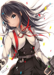 Rule 34 | 10s, 1girl, asashio (kancolle), belt, black hair, blue eyes, blurry, confetti, depth of field, dress, eyebrows, hair over one eye, kantai collection, light smile, long hair, long sleeves, md5 mismatch, neck ribbon, paint musume, pinafore dress, red ribbon, ribbon, sleeveless, sleeveless dress, solo, twitter username, white background, wind