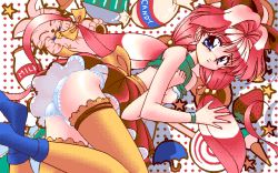Rule 34 | 1girl, blue eyes, boots, bow, breasts, candy, cat, clothes lift, dithering, food, fruit, game cg, hair bobbles, hair bow, hair ornament, ice cream, lollipop, long hair, milk, nail polish, nipples, panties, pantyshot, parasol, pc-98 (style), pc98, pink hair, pixel art, retro artstyle, shikato miyo, shirt lift, skirt, small breasts, solo, source request, star (symbol), strawberry, thighhighs, twintails, umbrella, underwear, upskirt, valkyrie the power beauties, wristband, yumezora moe