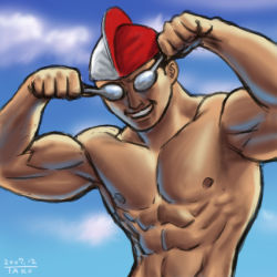 Rule 34 | 1boy, abs, cloud, dated, day, grin, hat, lowres, male focus, manly, matataku, muscular, omoide wa okkusenman!, original, signature, sky, smile, solo, spoon