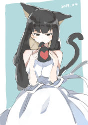 Rule 34 | 1girl, absurdres, animal ears, bad id, bad pixiv id, bare arms, bare shoulders, black eyes, black hair, breasts, cat ears, cat girl, cat tail, commentary request, covered mouth, dress, hands up, heart, highres, holding, long hair, looking at viewer, medium breasts, mitu yang, original, sketch, sleeveless, sleeveless dress, solo, tail, very long hair, white dress
