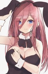 Rule 34 | 1girl, akino ell, animal ears, arm up, bare shoulders, black leotard, black neckwear, blue eyes, blush, breasts, brown hair, cleavage, closed mouth, commentary, detached collar, fake animal ears, go-toubun no hanayome, hair between eyes, hand on own chest, highres, large breasts, leotard, long hair, looking at viewer, nakano miku, playboy bunny, rabbit ears, strapless, wrist cuffs