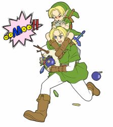 Rule 34 | 2boys, arrow (projectile), bad id, bad pixiv id, blonde hair, bomb, deku shield, dual persona, explosive, gameplay mechanics, hat, highres, hylian shield, instrument, leggings, link, male focus, multiple boys, nintendo, ocarina, ouse (otussger), shield, shield on back, sword, the legend of zelda, the legend of zelda: majora&#039;s mask, the legend of zelda: ocarina of time, weapon, wooden shield, young link