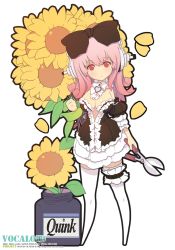 Rule 34 | 1girl, alternate costume, bare shoulders, bow, breasts, cleavage, detached collar, enmaided, female focus, flower, hair bow, headphones, ink bottle, large bow, large breasts, long hair, looking at viewer, maid, nitroplus, pink hair, red eyes, scissors, smile, solo, sunflower, super sonico, thighhighs, yeounsi