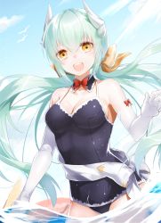 Rule 34 | 1girl, :d, bare shoulders, bird, black one-piece swimsuit, blush, bow, bowtie, breasts, casual one-piece swimsuit, cleavage, cloud, collarbone, commentary request, cowboy shot, day, detached collar, dragon horns, elbow gloves, fate/grand order, fate (series), floating hair, gloves, green hair, hair between eyes, hair bow, hair ribbon, hand up, horns, kiyohime (fate), kiyohime (fate/grand order), kiyohime (swimsuit lancer) (fate), kiyohime (swimsuit lancer) (second ascension) (fate), long hair, looking at viewer, low twintails, medium breasts, ocean, one-piece swimsuit, open mouth, outdoors, red bow, red bowtie, ribbon, seagull, shiny skin, sidelocks, smile, solo, sparkle, standing, swimsuit, twintails, very long hair, wading, waka (shark waka), white gloves, yellow bow, yellow eyes, yellow ribbon