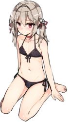 Rule 34 | 1boy, arms at sides, bad id, bad pixiv id, bare arms, bare legs, bare shoulders, barefoot, bikini, black bikini, blush, choker, christine (kuro (kuronell)), closed mouth, collarbone, crossdressing, flower, front-tie bikini top, front-tie top, groin, hair between eyes, hair flower, hair intakes, hair ornament, hair ribbon, light brown hair, long hair, looking at viewer, male focus, navel, original, red choker, red eyes, red ribbon, ribbon, side-tie bikini bottom, sidelocks, simple background, sitting, solo, stomach, swimsuit, tama (tamatamo), trap, wariza, white background