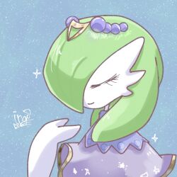 Rule 34 | 1girl, artist name, blue background, bob cut, capelet, closed eyes, closed mouth, clothed pokemon, creatures (company), female focus, game freak, gardevoir, gardevoir (aurora), gen 3 pokemon, gloves, gold trim, green hair, hair ornament, hand up, happy, highres, ingo (rizumu), nintendo, pokemon, pokemon (creature), pokemon unite, portrait, purple capelet, short hair, signature, smile, solo, sparkle, star (symbol), star print, u u, white gloves