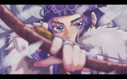 Rule 34 | 1girl, ainu clothes, asirpa, bandana, blue bandana, blue eyes, blurry, blurry foreground, bow (weapon), golden kamuy, highres, holding, holding bow (weapon), holding weapon, kojiro 0408, letterboxed, looking at viewer, snowing, solo, weapon