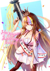 Rule 34 | 1girl, birthday sash, breasts, brown eyes, collarbone, commentary, confetti, cowboy shot, crown, dated, dress, galaco, galaco (neo), grin, gun, hand on own thigh, hand on thigh, hand up, happy birthday, highres, holding, holding gun, holding weapon, long hair, looking at viewer, lukky clover, medium breasts, multicolored hair, one eye closed, pink dress, pleated dress, rocket launcher, sash, shoulder sash, smile, solo, standing, streaked hair, streamers, translated, very long hair, vocaloid, weapon