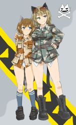 Rule 34 | 2girls, animal ears, arms behind back, bad id, bad pixiv id, blonde hair, blue eyes, boots, brown hair, camouflage, cat ears, cat tail, commentary request, dakku (ogitsune), desert camouflage, green eyes, hand on own hip, hip focus, multiple girls, no pants, original, panties, patricia mitchell, shoes, skull and crossbones, smile, socks, strike witches, strike witches 1991, sunglasses, tail, underwear, uniform, world witches series
