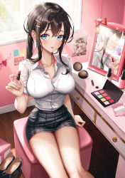 Rule 34 | absurdres, black hair, blue eyes, blush, breasts, buttons, cleavage, collarbone, collared shirt, cosmetics, dress shirt, eichi (skskdi12z), hair ornament, hairclip, high heels, highres, large breasts, legs together, lipstick tube, long hair, looking to the side, makeup, miniskirt, mirror, open mouth, original, parted lips, plaid, plaid skirt, school uniform, shirt, sitting, skirt, solo, thighs, uniform