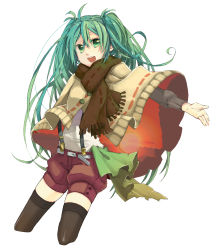 Rule 34 | 1girl, belt, female focus, green eyes, green hair, hatsune miku, highres, matching hair/eyes, open mouth, outstretched arm, scarf, shorts, simple background, solo, suspenders, thighhighs, vocaloid, white background, yuhki k