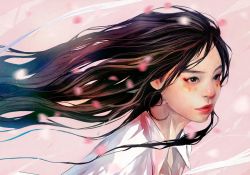 Rule 34 | 1girl, black eyes, black hair, blurry, collared shirt, depth of field, facial mark, lips, long hair, nose, original, parted lips, petals, pink background, red lips, shirt, solo, upper body, wataboku, white shirt, wing collar
