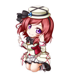 Rule 34 | 10s, 1girl, black bow, black bowtie, boater hat, boots, bow, bowtie, chibi, earrings, fedora, hat, hat ribbon, highres, jewelry, kneeling, kuena, long sleeves, looking at viewer, love live!, love live! school idol festival, love live! school idol project, nishikino maki, pleated skirt, purple eyes, red hair, ribbon, short hair, simple background, skirt, smile, solo, white background