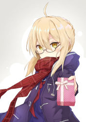 Rule 34 | 1girl, ahoge, artoria pendragon (all), artoria pendragon (fate), black-framed eyewear, blush, braid, checkered clothes, checkered scarf, coat, covered mouth, duffel coat, fate/grand order, fate (series), gift, glasses, grey background, hair between eyes, highres, holding, holding gift, holding out, incoming gift, kyoubu, looking at viewer, mysterious heroine x alter (fate), mysterious heroine x alter (first ascension) (fate), neckerchief, red neckerchief, red scarf, religious offering, saber (fate), scarf, school uniform, semi-rimless eyewear, serafuku, short hair with long locks, sidelocks, simple background, solo, under-rim eyewear, upper body, valentine