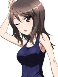 Rule 34 | 1girl, blue one-piece swimsuit, brown eyes, brown hair, commentary, girls und panzer, hand on own head, highres, key (gaigaigai123), long hair, looking at viewer, mika (girls und panzer), no headwear, one-piece swimsuit, open mouth, school swimsuit, simple background, solo, swimsuit, upper body, wet, white background