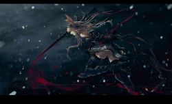 Rule 34 | 1girl, animal ears, armor, bad id, bad pixiv id, bare shoulders, blonde hair, blood, braid, dark, detached sleeves, female focus, gloves, hairband, high heels, highres, injury, jewelry, letterboxed, long hair, pixiv fantasia, pixiv fantasia 5, polearm, profile, rabbit ears, ring, running, shoes, signature, skirt, snow, solo, striped clothes, striped skirt, thighhighs, tongue, twin braids, weapon, wrist cuffs, yuus, zettai ryouiki