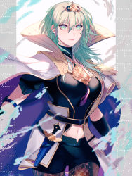 Rule 34 | 1girl, alternate hair color, belt, black belt, black shirt, black shorts, breasts, brown pantyhose, byleth (female) (fire emblem), byleth (fire emblem), cape, circlet, closed mouth, commentary request, copyright name, cowboy shot, crop top, dagger, emblem, enlightened byleth (female), eyebrows hidden by hair, fire emblem, fire emblem: three houses, green eyes, green hair, hair between eyes, halterneck, high collar, highres, knife, large breasts, looking at viewer, medium hair, navel, nintendo, oas, pantyhose, pantyhose under shorts, sheath, sheathed, shirt, short shorts, short sleeves, shorts, sidelocks, smile, solo, standing, twitter username, vambraces, weapon, white cape