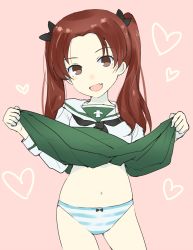 Rule 34 | 10s, 1girl, black neckerchief, black ribbon, blouse, blue panties, bow, bow panties, brown eyes, brown hair, clothes lift, commentary, cowboy shot, fang, gedou (ge ge gedou), girls und panzer, green skirt, hair ribbon, head tilt, heart, heart background, highres, kadotani anzu, lifted by self, long hair, long sleeves, looking at viewer, miniskirt, navel, neckerchief, ooarai school uniform, open mouth, panties, parted bangs, pink background, pleated skirt, ribbon, school uniform, serafuku, shirt, skindentation, skirt, skirt lift, smile, solo, standing, striped clothes, striped panties, twintails, underwear, white shirt