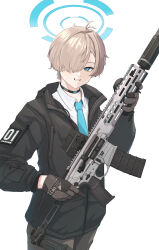 Rule 34 | 1boy, absurdres, alternate costume, assault rifle, asuna (blue archive), black choker, black jacket, blonde hair, blue archive, blue eyes, blue halo, blue necktie, choker, collared shirt, commentary, commission, cowboy shot, earrings, folding stock, genderswap, genderswap (ftm), gloves, grey gloves, gun, hair over one eye, halo, highres, holding, holding gun, holding weapon, jacket, jewelry, looking at viewer, magazine (weapon), military, military jacket, necktie, okapi (yomaigoto), out of frame, pants, parted bangs, patch, rifle, shirt, short hair, sig mcx, simple background, skeb commission, smile, solo, standing, suppressor, tactical clothes, weapon, white background, white shirt, zipper