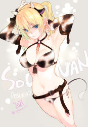 Rule 34 | 1girl, 2021, animal ears, animal print, arm warmers, armpits, bell, belt, bikini, blonde hair, blue eyes, breasts, chinese zodiac, cleavage, closed mouth, copyright name, cow ears, cow horns, cow print, cowbell, cowboy shot, horns, light smile, looking at viewer, navel, official art, onishima homare, panties, sagara riri, side-tie panties, simple background, solo, sounan desuka?, swimsuit, twintails, twitter username, underwear, year of the ox
