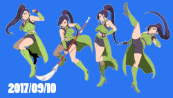 Rule 34 | 1girl, arm warmers, belt, bike shorts, blue background, blue hair, boots, breasts, choker, clenched hand, commentary, dated, dragon quest, dragon quest xi, fighting stance, finger to own chin, fingerless gloves, full body, gloves, green footwear, hairband, halterneck, halterneck, hand on own hip, high heel boots, high heels, high kick, high ponytail, highres, kicking, knee boots, large breasts, looking to the side, looking up, martina (dq11), multiple views, navel, o-ring, o-ring choker, o-ring top, orushibu, outline, overskirt, polearm, purple eyes, red hairband, thinking, weapon, white outline