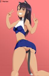 Rule 34 | 1girl, absurdres, anal, anal object insertion, anal tail, animal ears, ass, black hair, blush, brown eyes, cat ears, cat tail, dark-skinned female, dark skin, double v, fake tail, from behind, grin, highres, ijiranaide nagatoro-san, kai-too, long hair, looking back, nagatoro hayase, object insertion, skirt, smile, solo, tail, v