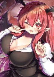 Rule 34 | 1girl, ;d, bat wings, black skirt, black vest, blurry, blurry background, blush, bokeh, breasts, cleavage, demon tail, depth of field, from above, hair between eyes, hands up, head wings, koakuma, large breasts, long hair, looking at viewer, one eye closed, onomiya, open mouth, pointy ears, red background, red eyes, red hair, simple background, skirt, smile, solo, tail, touhou, v-shaped eyebrows, very long hair, vest, wings