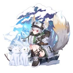 Rule 34 | 1girl, animal ear fluff, animal ears, asymmetrical legwear, bare legs, black footwear, black gloves, black socks, blush, boots, braid, coat, combat knife, cross-laced footwear, eversoul, fox, fox ears, fox girl, fox tail, game cg, gloves, hair between eyes, hands on own face, haru (eversoul), highres, knife, lace-up boots, looking at viewer, mountainous horizon, non-web source, official alternate costume, official art, outdoors, parted lips, red eyes, short hair, sitting, snow, snow sculpture, socks, solo, tachi-e, tail, thigh strap, transparent background, tree, weapon, white coat, white hair, white headwear, wolf