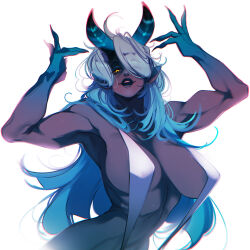 Rule 34 | 1girl, areola slip, arms up, biceps, black hands, black lips, breasts, colored extremities, demon girl, eyes visible through hair, fingernails, glowing, glowing eyes, hair over one eye, highres, horns, large breasts, long hair, looking at viewer, messy hair, non-web source, obj shep, open mouth, orange eyes, original, pointy ears, revealing clothes, sharp fingernails, simple background, solo, teeth, toned female, upper body, white background