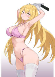 Rule 34 | 1girl, armpits, arms up, blonde hair, bow, bow bra, bow panties, bra, breasts, brown eyes, cleavage, commentary request, controller, crystal shoujo, elbow gloves, gloves, hair between eyes, highleg, highleg panties, highres, holding, holding remote control, large breasts, long hair, navel, panties, pink bra, pink panties, remote control, shokuhou misaki, sidelocks, simple background, solo, sparkling eyes, standing, thighhighs, toaru kagaku no railgun, toaru majutsu no index, underwear, underwear only, white background, white gloves, white thighhighs