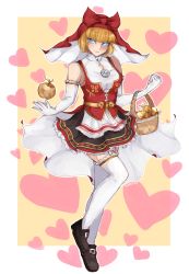 Rule 34 | 1girl, absurdres, apple, apron, bare shoulders, basket, blonde hair, blue eyes, breasts, elbow gloves, floating, food, frilled skirt, frills, fruit, full body, garter straps, gloves, golden apple, heart, highres, idunn (megami tensei), looking at viewer, shin megami tensei, shin megami tensei v, shoes, short hair, skirt, sleeveless, small breasts, smile, soarer, solo, thighhighs