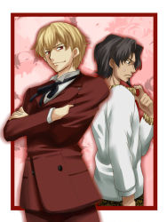 Rule 34 | 2boys, bad id, bad pixiv id, blonde hair, blue eyes, bracelet, brown hair, cosplay, costume switch, crossed arms, facial hair, fate/zero, fate (series), formal, gilgamesh (fate), goatee, jewelry, male focus, multiple boys, necklace, official alternate costume, pink background, red eyes, suit, sweatdrop, tohsaka tokiomi, urako