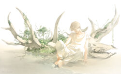 Rule 34 | 1boy, arm support, artist name, collarbone, english text, fossil, grass, hair over one eye, hand on own leg, head tilt, light rays, male focus, moss, on ground, original, pants, plant, rido (ridograph), sand, shirt, shore, short hair, sitting, solo, t-shirt, tree, vines, water, white background, white hair, white pants, white shirt