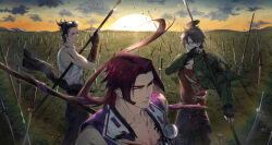 Rule 34 | 3boys, absurdres, cloud, cloudy sky, commentary request, goggles, goggles on head, hand on own face, highres, holding, holding polearm, holding weapon, injury, katana, looking at viewer, multiple boys, nihongou, nihongou (touken ranbu), onota (fkdx2243), otegine, outdoors, plain, polearm, sky, spear, sun, sun glare, sunrise, sword, tonbokiri, tonbokiri (touken ranbu), torn clothes, touken ranbu, weapon, wind, yari