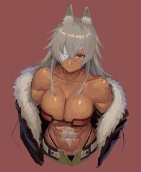 Rule 34 | 1girl, animal ear fluff, animal ears, bandeau, bare shoulders, breasts, commentary request, eyepatch, fur trim, ghislaine dedoldia, grey hair, highres, large breasts, long hair, looking at viewer, midriff, mushoku tensei, navel, off shoulder, ranma (kamenrideroz), red background, red eyes, simple background, solo, stomach, upper body